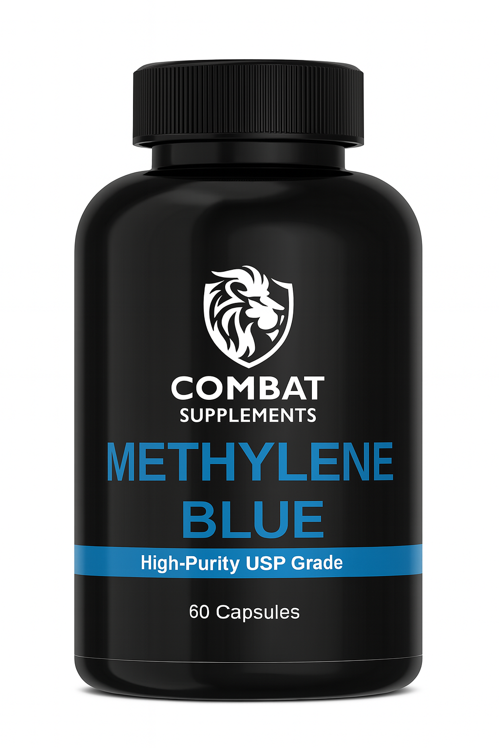 Black bottle of Combat Supplements Methylene Blue on a white background