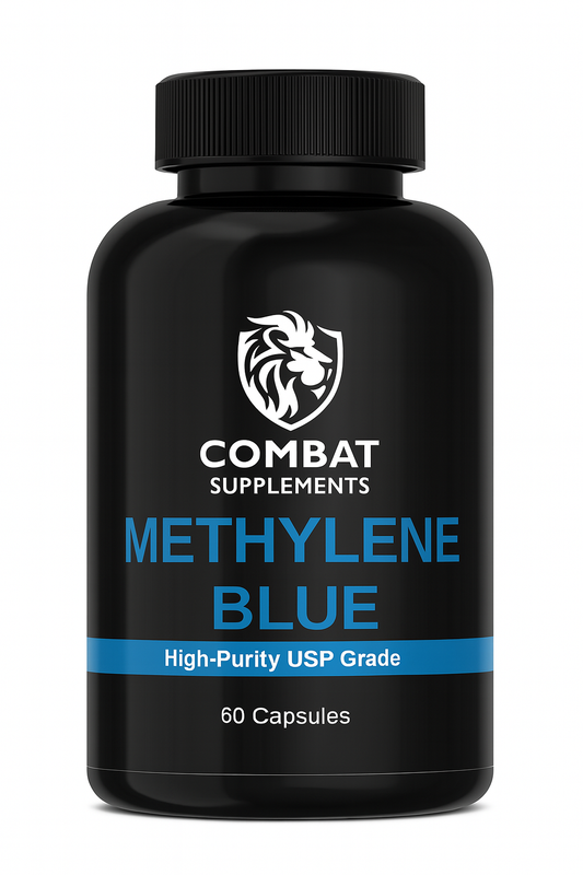 Black bottle of Combat Supplements Methylene Blue on a white background