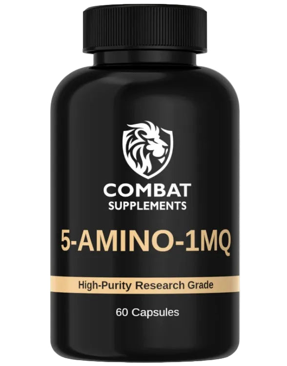 Black supplement bottle labeled 'Combat Supplements' with '5-Amino-1MQ' on a white background