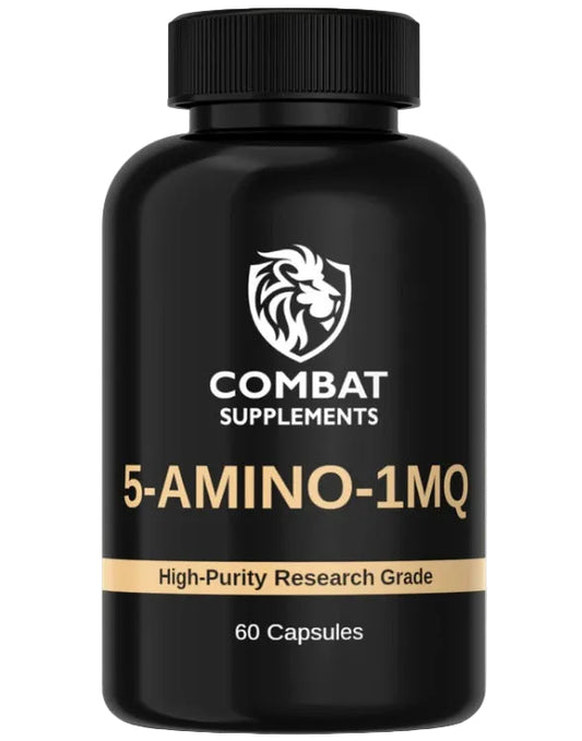 Black supplement bottle labeled 'Combat Supplements' with '5-Amino-1MQ' on a white background