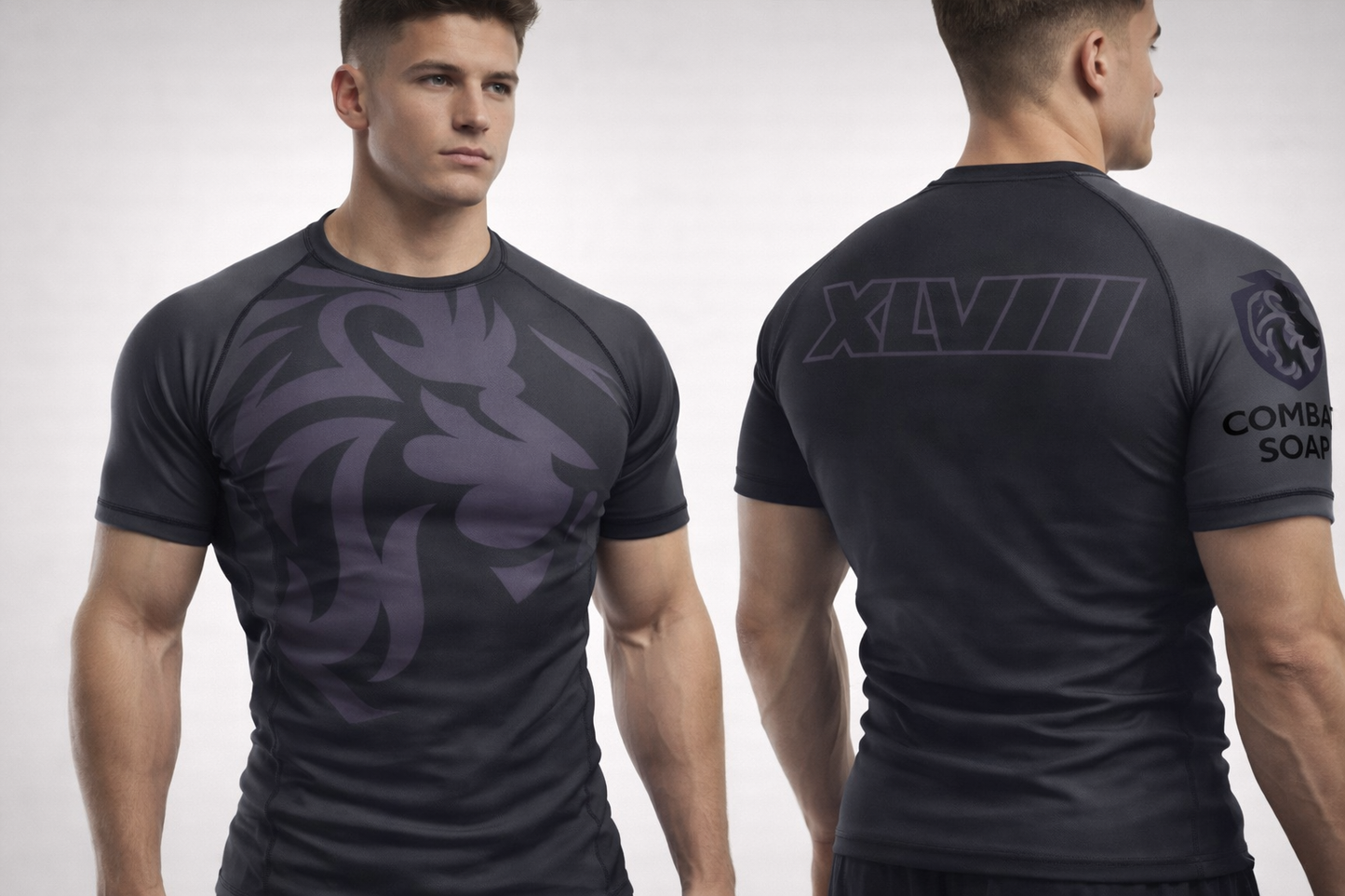 Man wearing a black athletic shirt with a design on the front and branding on the back.