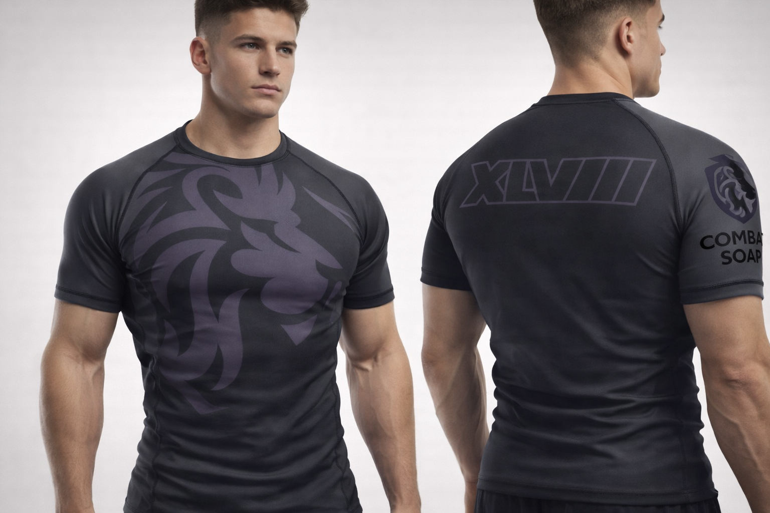 Man wearing a black athletic shirt with a design on the front and branding on the back.