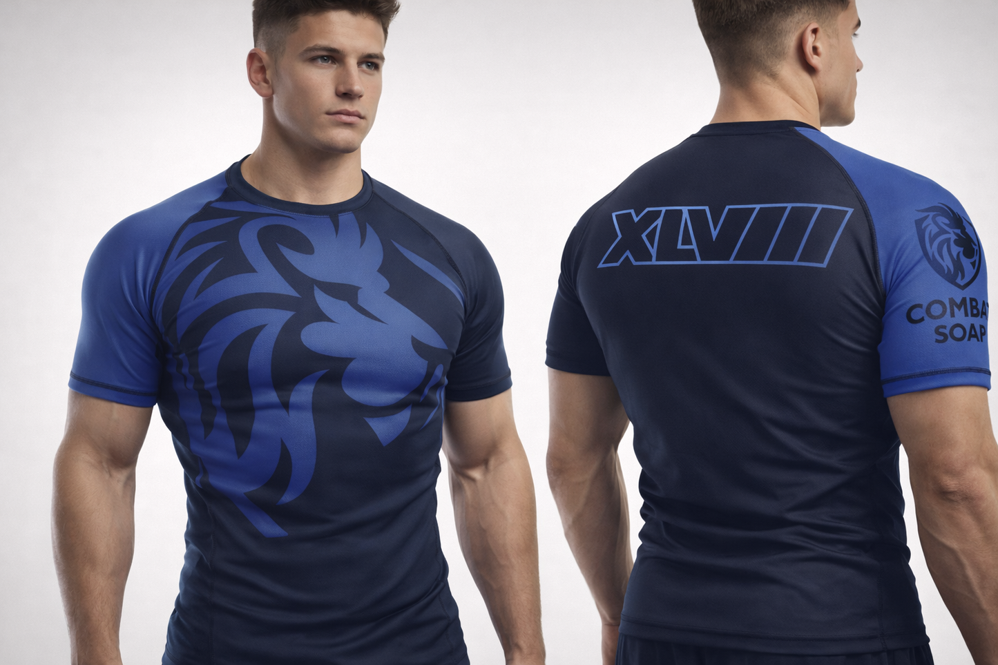 Navy blue athletic shirt with dragon design on front and 'XVIII' logo on back, worn by a model.