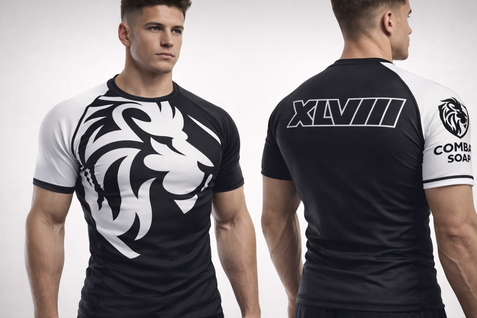 Black and white sports jersey with logo and text on a plain background