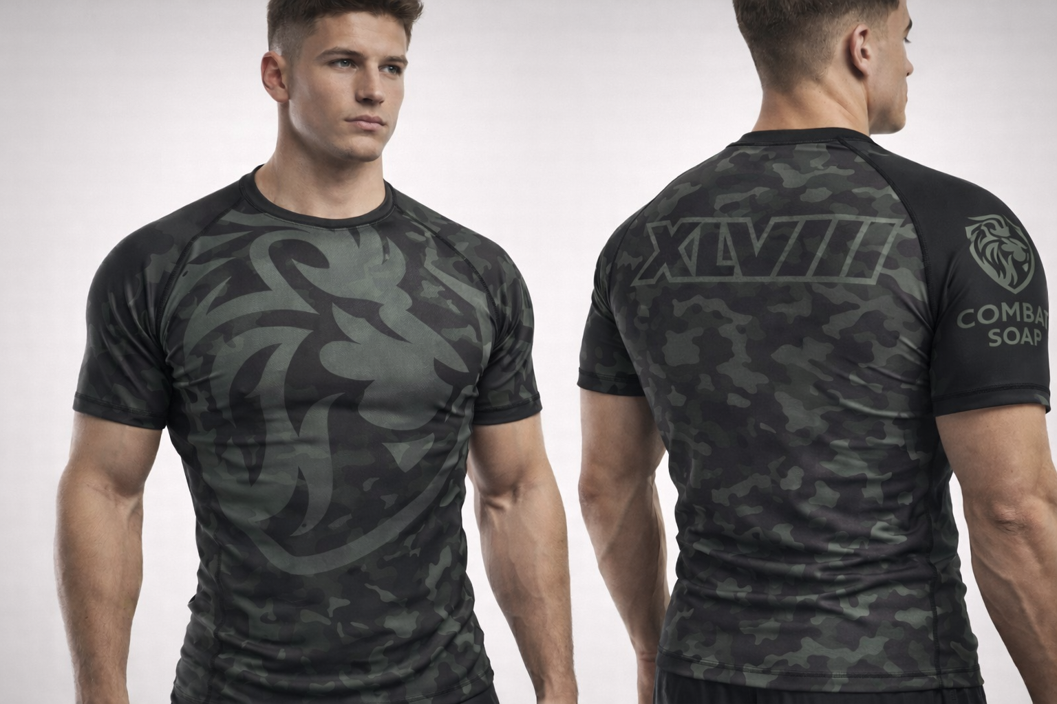 Black camouflage t-shirt worn by a model, showing front and back views.